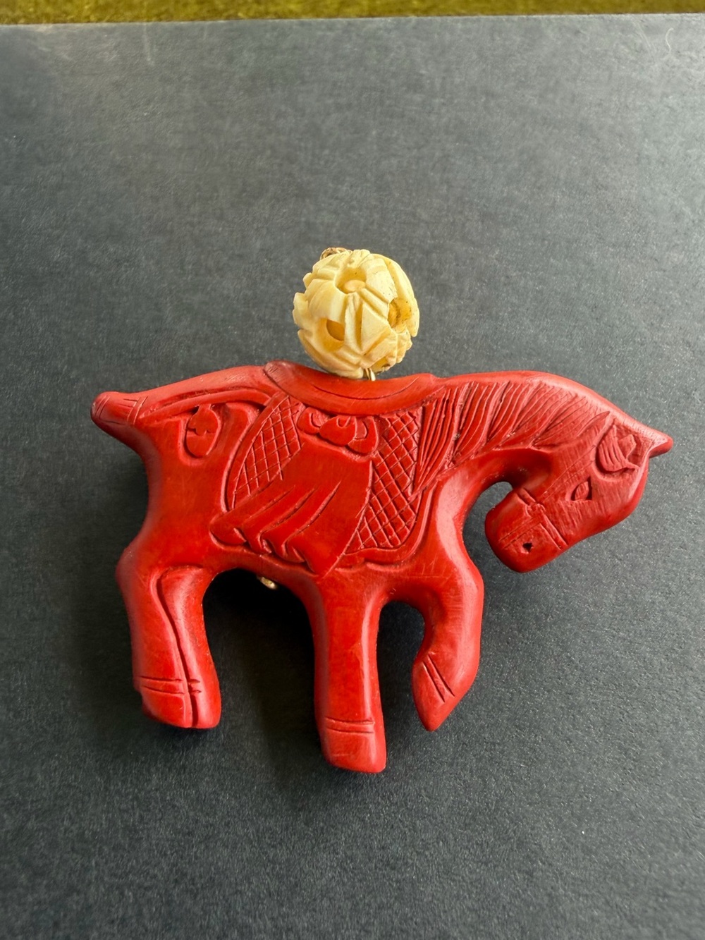 Vintage Chinese Carved Red Cinnabar Lacquer Horse Brooch Pin